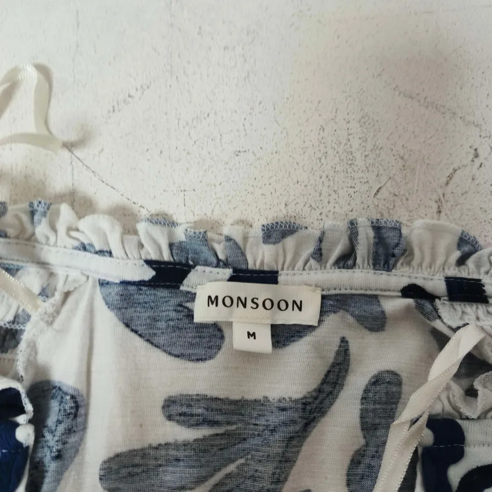 MONSOON WOMEN'S DRESS – WHITE WITH BLUE ABSTRACT PRINT, UK SIZE M
