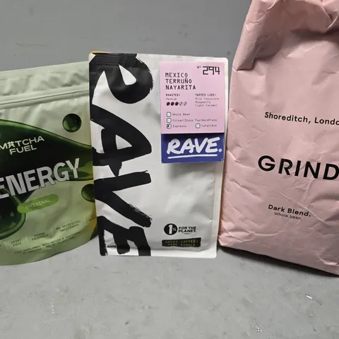 APPROXIMATELY 6 ASSORTED FOOD & DRINK ITEMS TO INCLUDE - GRIND HOUSE BLEND , MATCHA FUEL ZERNERGY , RAVE MEXICO TERRUNO NAYARITA ETC