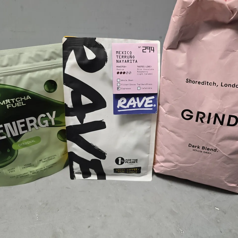 APPROXIMATELY 6 ASSORTED FOOD & DRINK ITEMS TO INCLUDE - GRIND HOUSE BLEND , MATCHA FUEL ZERNERGY , RAVE MEXICO TERRUNO NAYARITA ETC
