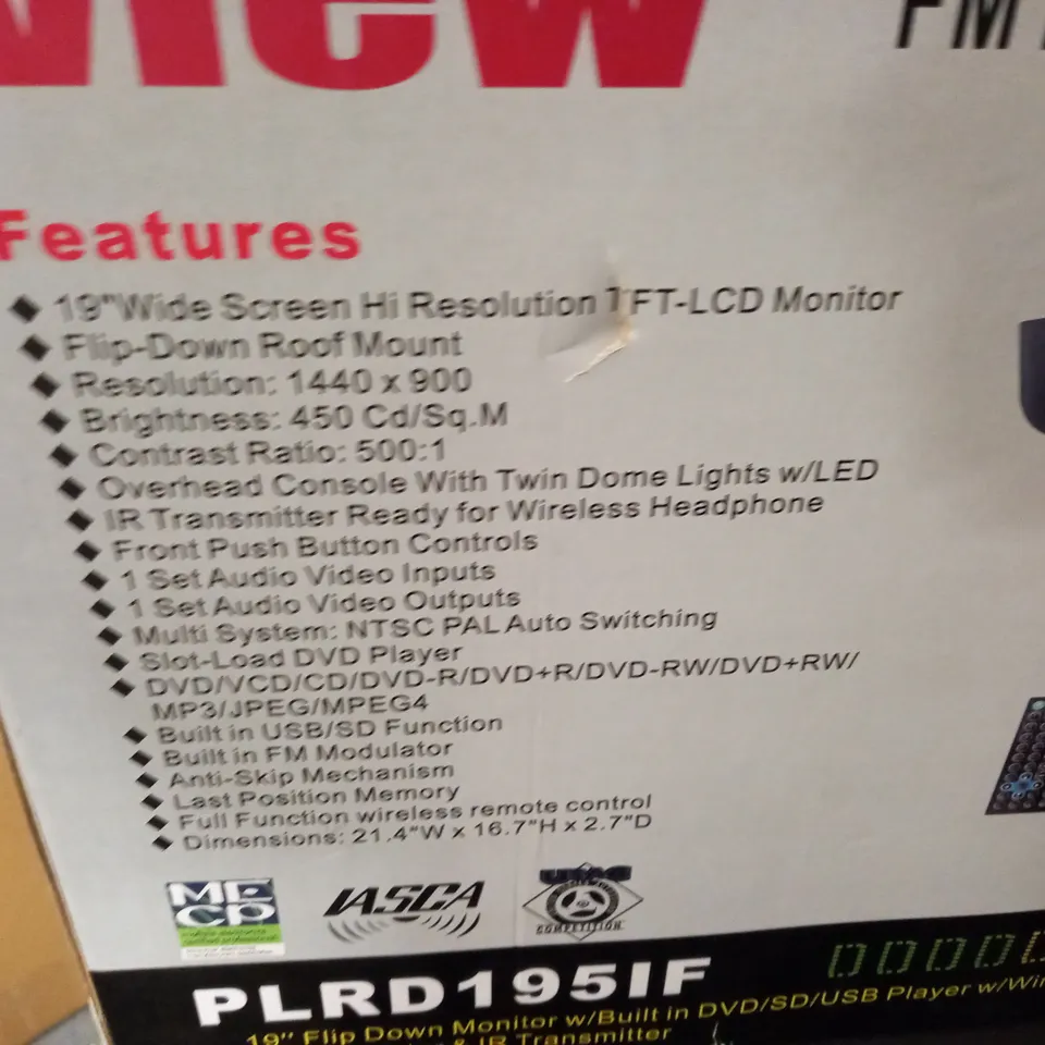 BOXED PYLE 19" FLIP DOWN MONITOR WITH BUILT IN DVD/SD/USB PLAYER