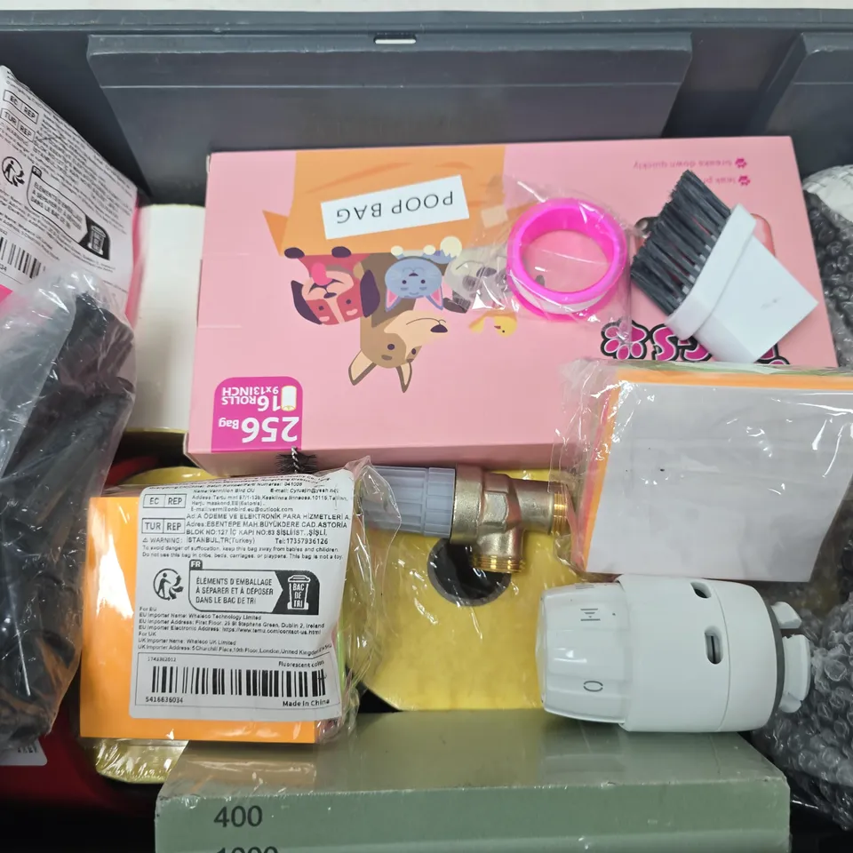 APPROXIMATELY 12 ASSORTED HOUSEHOLD ITEMS TO INCLUDE THERMAL PRINTER LABELS, ASTRO PFP PIPE CLOSER, POOP BAGS, ETC