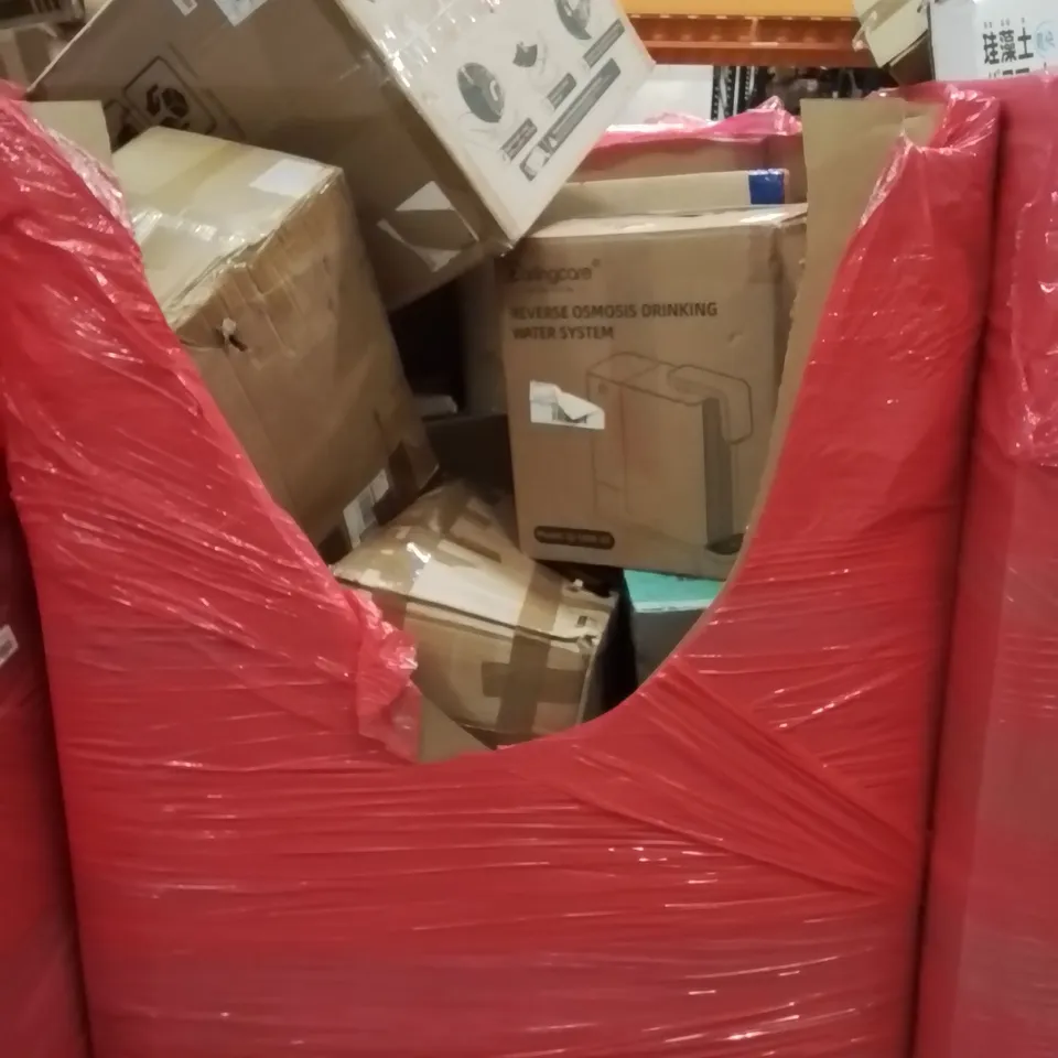 PALLET CONTAINING VARIOUS ASSORTED BOXED HOUSEHOLD ITEMS TO INCLUDE: SMART CAT LITTER BOX, DRINKING WATER SYSTEM, CEILING FAN WITH LIGHT AND LOTS MORE UNMARKED BOXED ITEMS 
