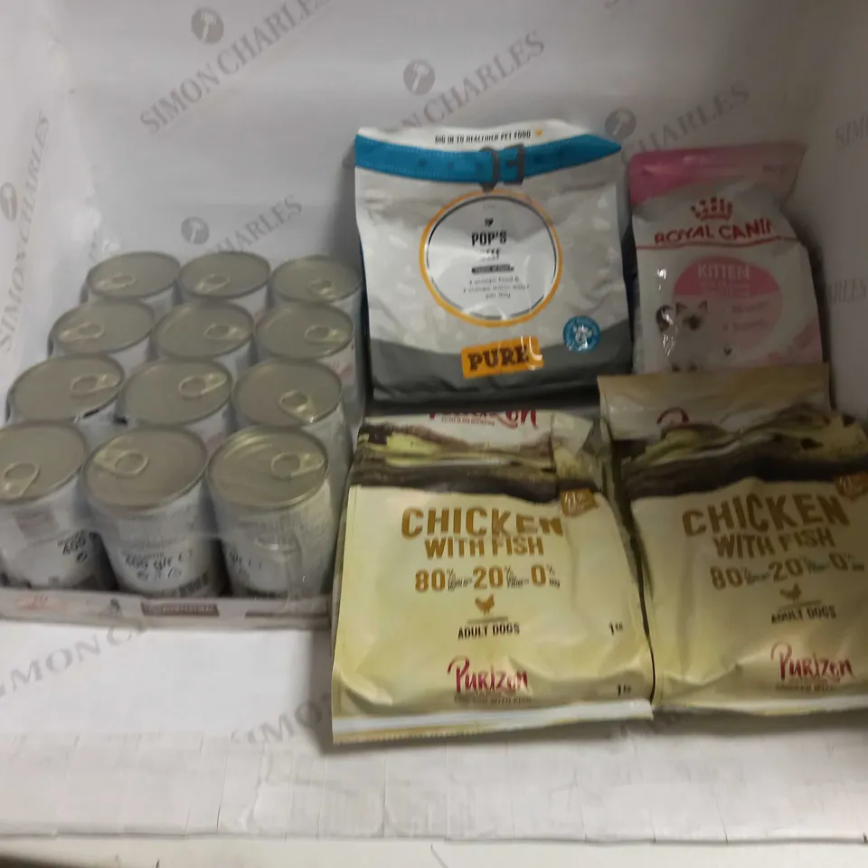 LOT OF PET FOODS TO INCLUDE CHICKEN TH FISH, POP'S BEEF, AND ROYAL CANIN TIN OF MACCA HETTA ETC.