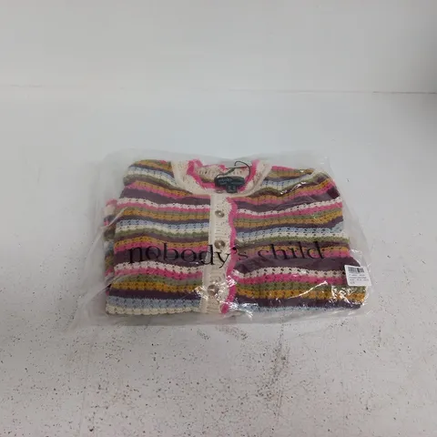 UK XS NOBODY'S CHILD STRIPE MOCK CROCHET CARDIGAN