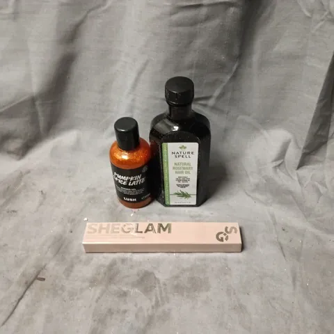 APPROXIMATELY 20 ASSORTED HEALTH AND BEAUTY ITEMS INCLUDING LUSH PUMPKIN SPICE LATTE SHOWER GEL, SHEGLAM 2 IN 1 BROW PENCIL AND NATURE SPELL NATURAL ROSEMARY HAIR OIL