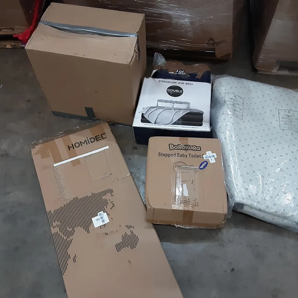 PALLET OF ASSORTED PRODUCTS INCLUDING HOMIDEC, GET FIT DOUBLE PREMIUM AIR BED, BARAKARA STEPPED BABY TOILET SEAT, RETRACTABLE ISOLATION SAFETY GATE  