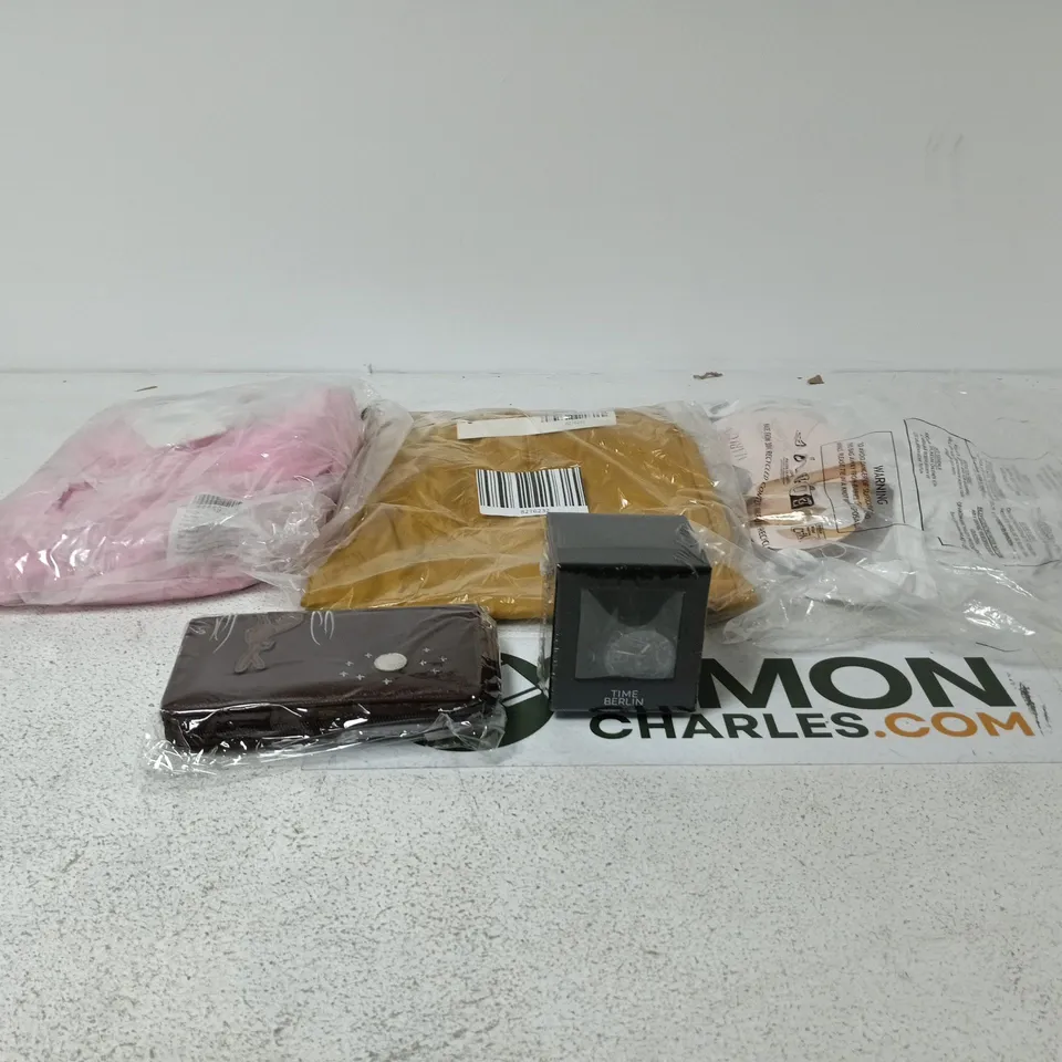 BOX OF APPROXIMATELY 30 ASSORTED ITEMS TO INCLUDE TIME BERLIN WATCH, PURSE, CLOTHES ETC