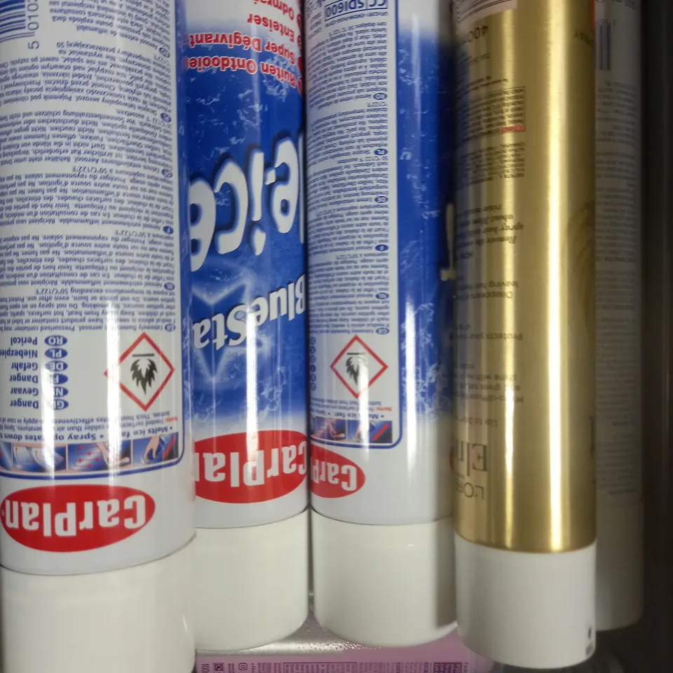 BOX OF APPROX 15 ASSORTED AEROSOLS TO INCLUDE CAR PLAN DE-ICER, COLOUR HAIR SPRAY, OLAPLEX DRY SHAMPOO ETC - COLLECTION ONLY 