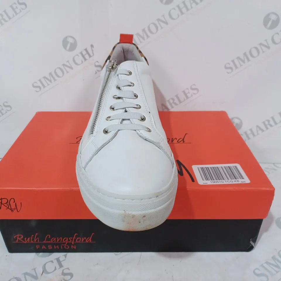 BOXED PAIR OF RUTH LANGSFORD TRAINERS IN WHITE LEOPARD PRINT SIZE 8
