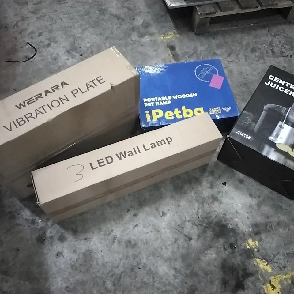 PALLET OF HOUSEHOLD ITEMS TO INCLUDE VIBRATION PLATE, LED WALL LAMP,PORTABLE WOODEN PET RAMP,JUICER AND OTHER ASSORTED ITEMS...
