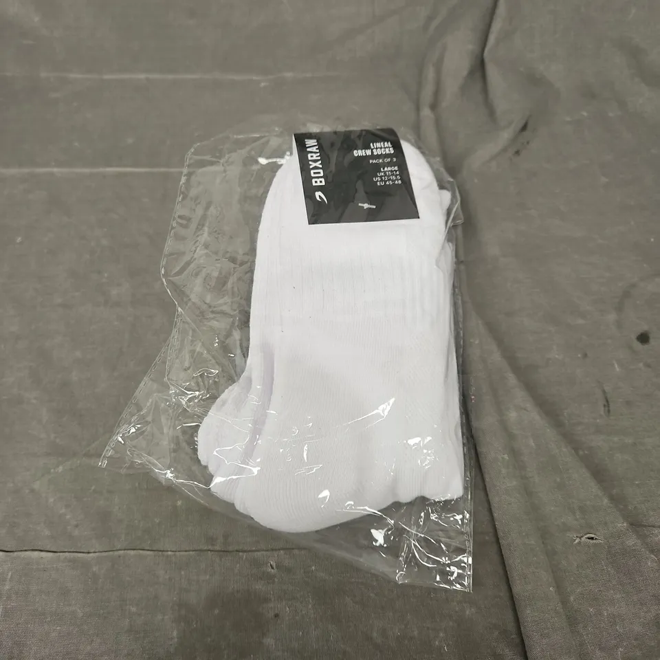 BOXRAW 3 PACK LINEAL CREW SOCKS IN WHITE SIZE L