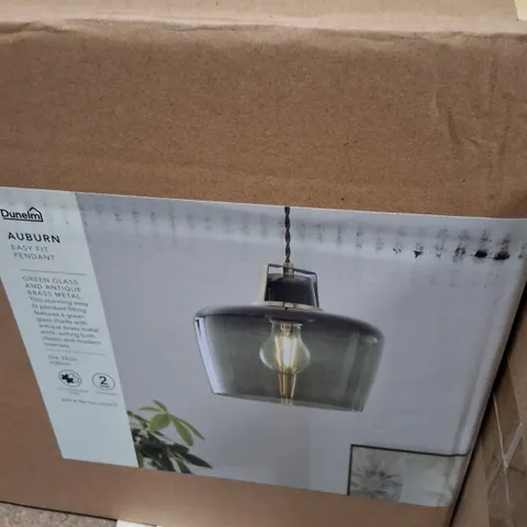BOXED DUNELM AUBURN EASY FIT PENDANT LIGHT β GREEN GLASS & ANTIQUE BRASS