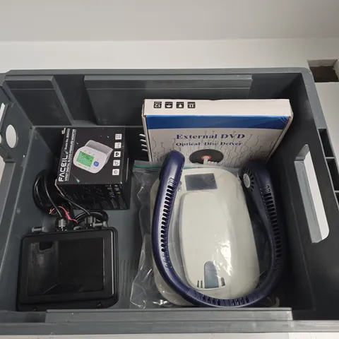 TOTE OF APPROXIMATELY 5 ASSORTED ITEMS INCLUDING FACEIL WRIST DIGITAL BLOOD PRESSURE MONITOR, EXTERNAL DVD OPTICAL DISK DRIVER AND A NECK WARMER