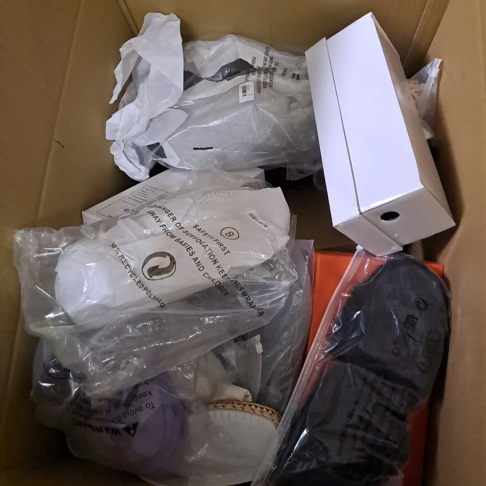 BOX OF APPROXIMATELY 15 PAIRS OF ASSORTED SHOES IN VARIOUS COLOUR, STYLES AND SIZES