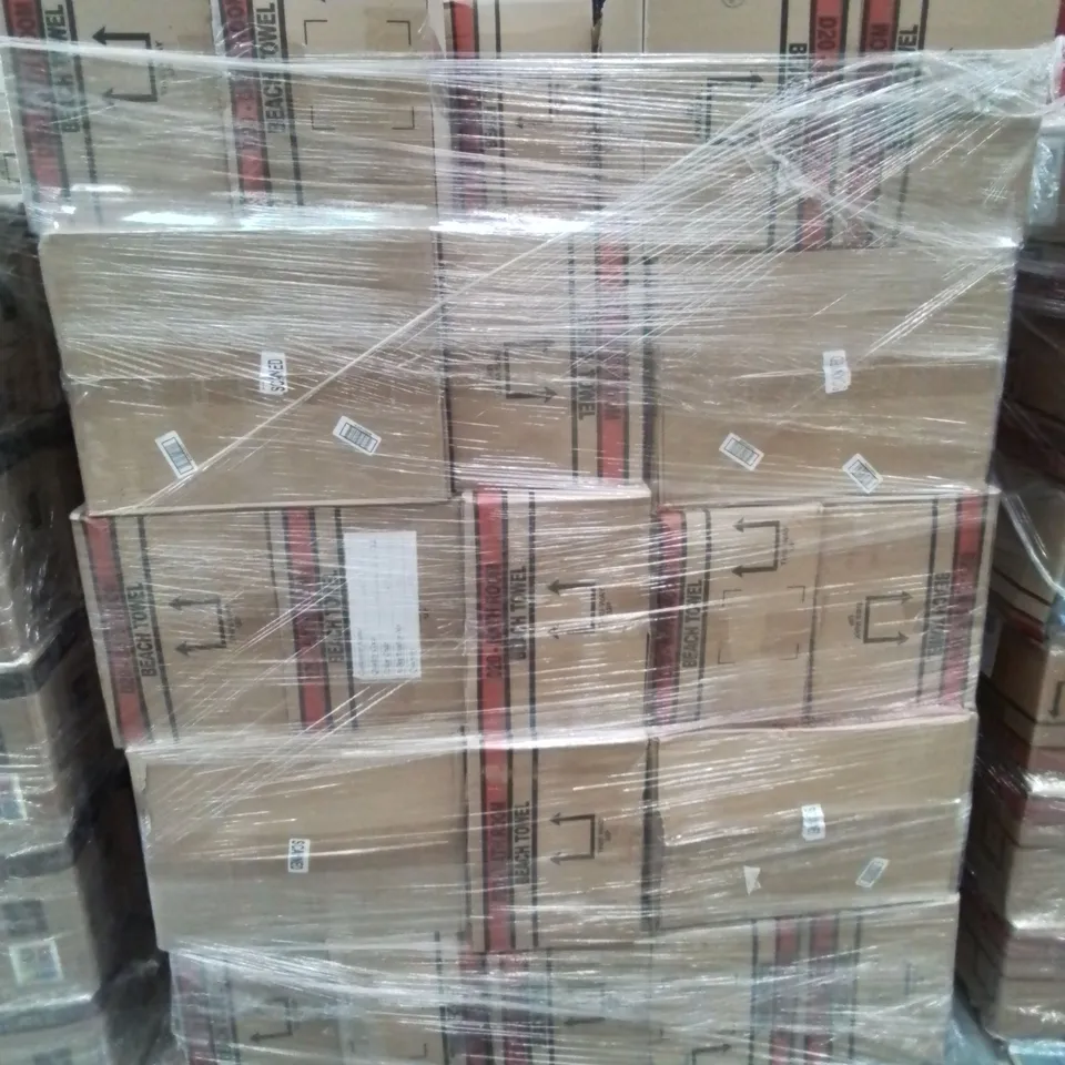 PALLET CONTAINING APPROXIMATELY 50 6-PACK BOXES OF BRAND NEW SUMMER THEMED BEACH TOWELS 
