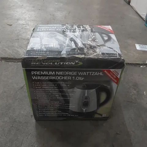 BOXED OUTDOOR REVOLUTION PREMIUM LOW WATTAGE ELECTRIC KETTLE 1L