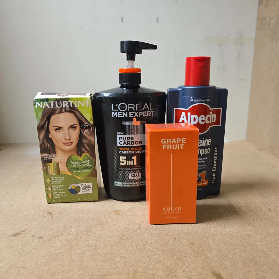 TOTE OF APPROXIMATELY 15 ASSORTED COSMETIC ITEMS TO INCLUDE LOREAL MEN EXPERT 5 IN 1, NATURTINT PERMANENT HAIR COLOUR, GRAPE FRUIT KUKKA, ALPECIN C1 ETC