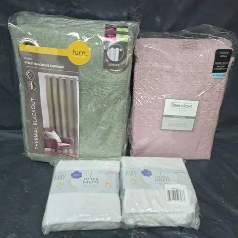 BOX OF ASSORTED HOMEWARE ITEMS TO INCLUDE CURTAINS, FITTED SHEETS AND DUVET SETS