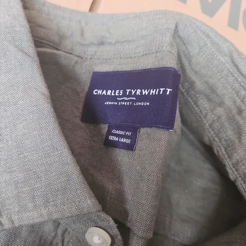 CHARLES TYRWHITT OLIVE GREEN PURE LINEN CLASSIC FIT SHIRT - XL