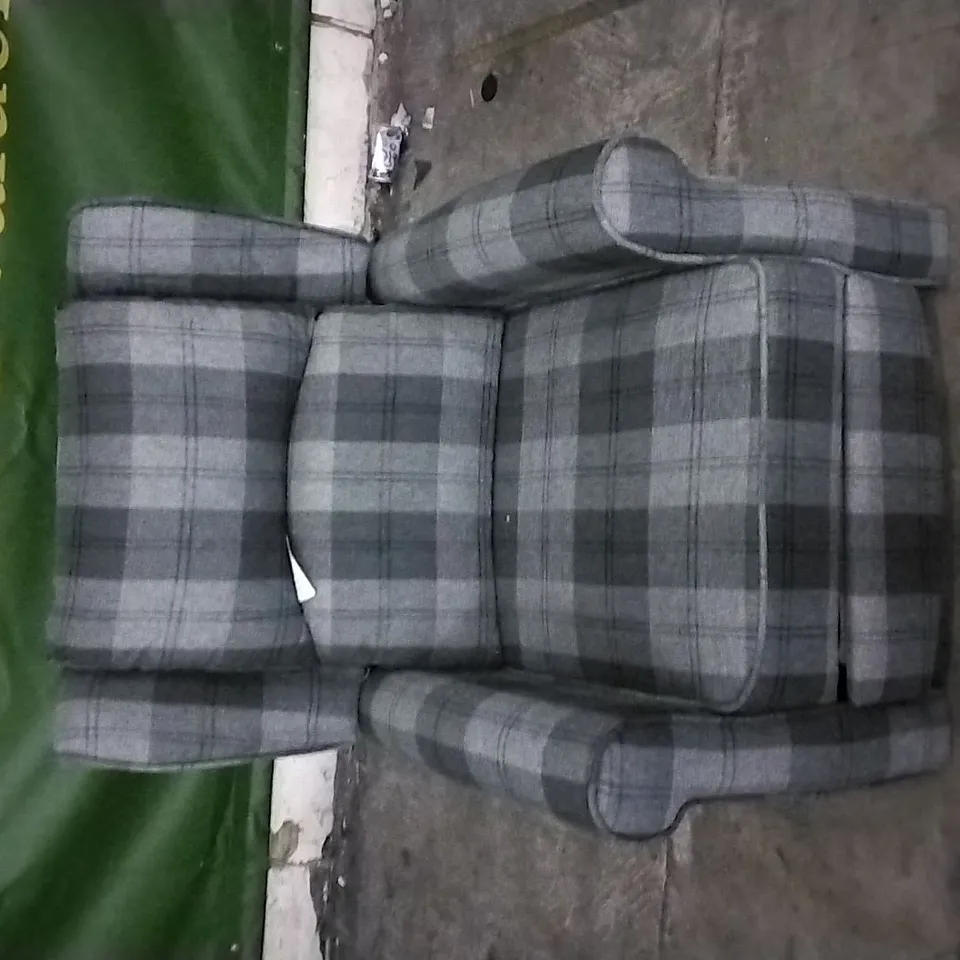 QUALITY DESIGNER LIGHT/DARK GREY TARTAN FABRIC PUSHBACK RECLINER ARMCHAIR 