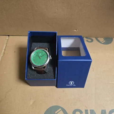TALIS CO WRISTWATCH WITH GREEN FACE & BROWN LEATHER STRAP