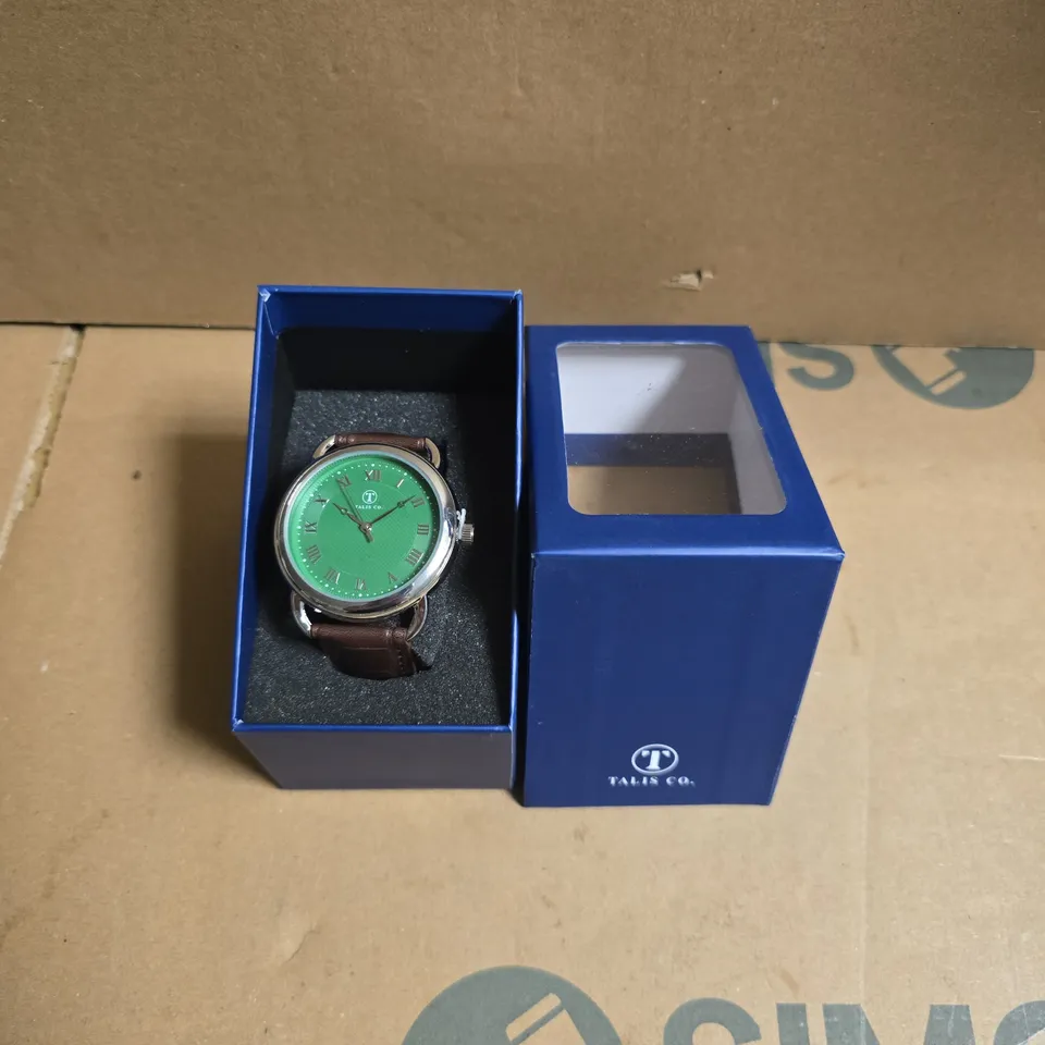 TALIS CO WRISTWATCH WITH GREEN FACE & BROWN LEATHER STRAP
