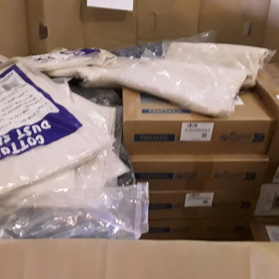 PALLET OF ASSORTED PRODUCTS INCLUDING COTTON DUST SHEET, PET BED, AD SHELF, PORTABLE WASHING MACHINE