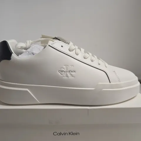 BOXED PAIR OF CALVIN KLEIN WHITE CUPSOLE LACE-UP SNEAKERS – UK 8 