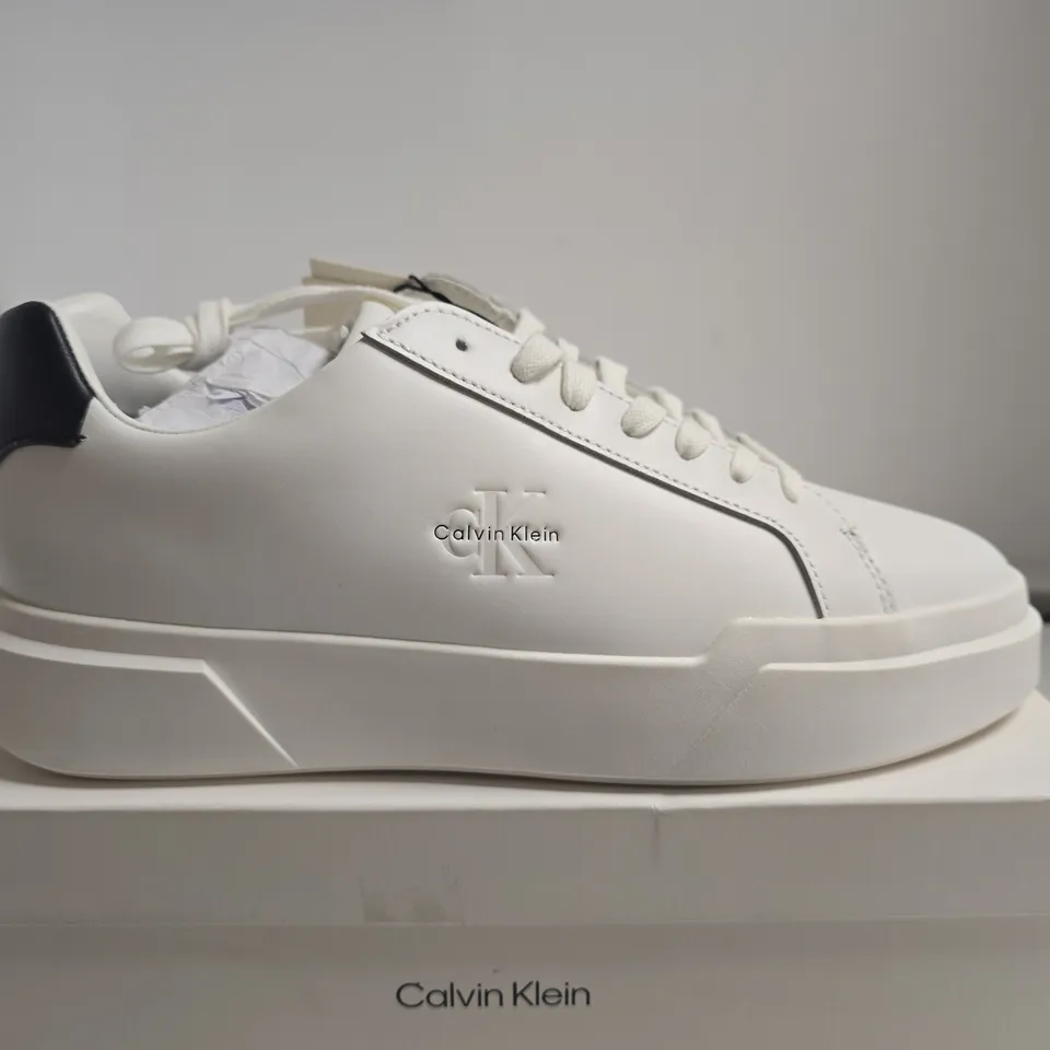 BOXED PAIR OF CALVIN KLEIN WHITE CUPSOLE LACE-UP SNEAKERS – UK 8