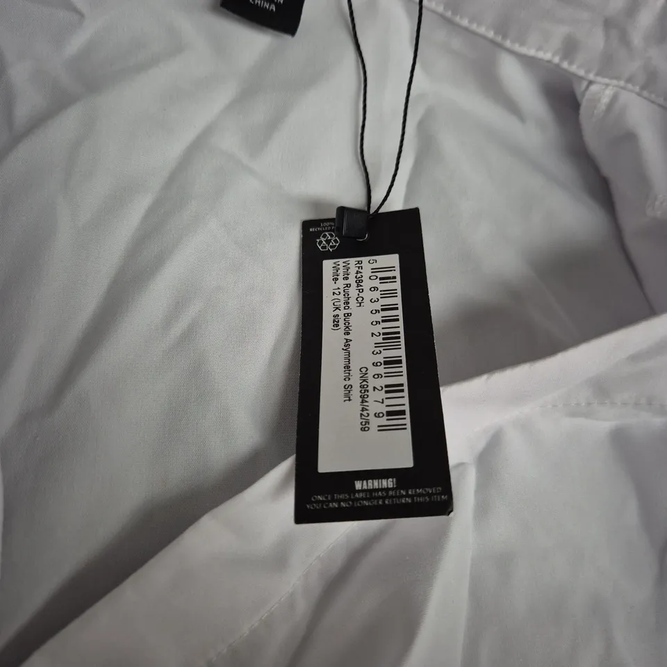 PRETTYLITTLETHING WHITE WRAP-FRONT SHIRT, UK 12 (EU 40, US 8)