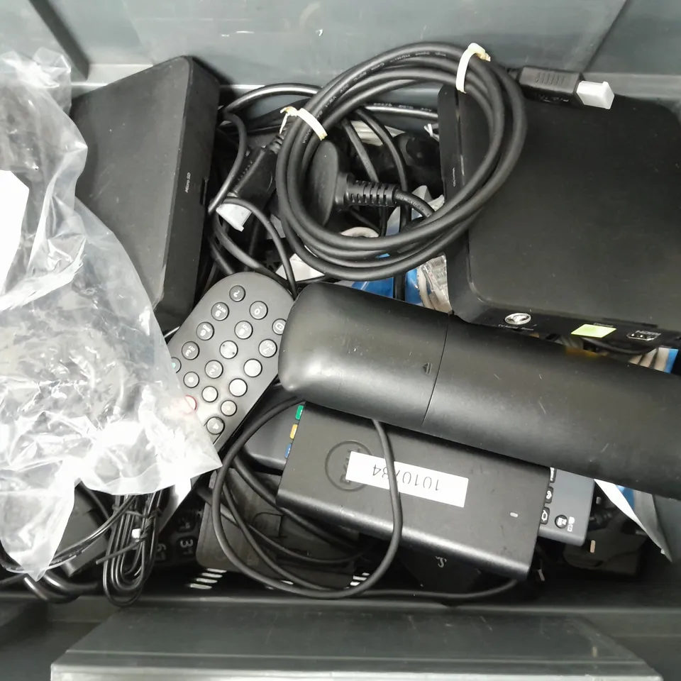 APPROXIMATELY 15 ASSORTED HOUSEHOLD ITEMS TO INCLUDE MODEM CABLE, ROUTERS, TV REMOTES, ETC