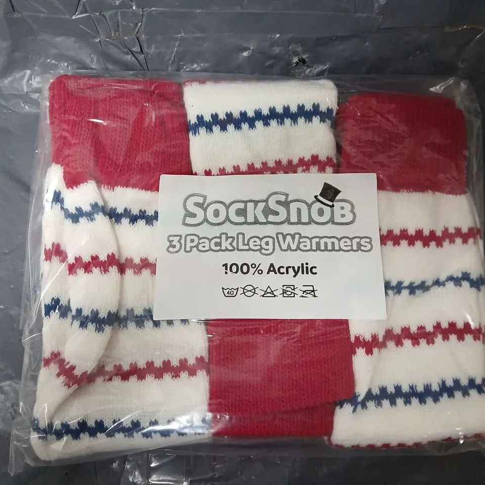 APPROXIMATELY 60 PAIRS OF PATTERNED SOCK SNOB LEG WARMERS IN RED/WHITE