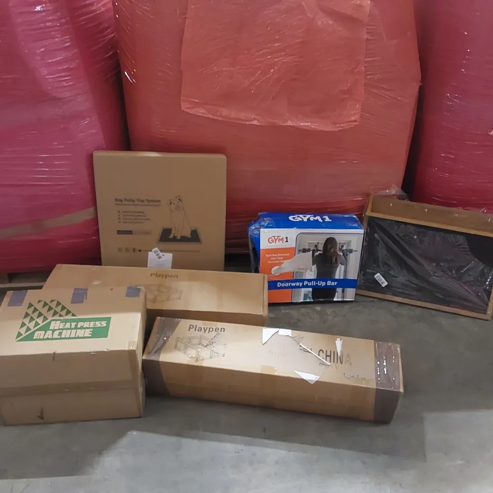 PALLET OF ASSORTED ITEMS INCLUDING: PLAYPENS, HEAT PRESS MACHINE, PULL-UP BAR, DOG POTTY TRAY SYSTEM ECT 