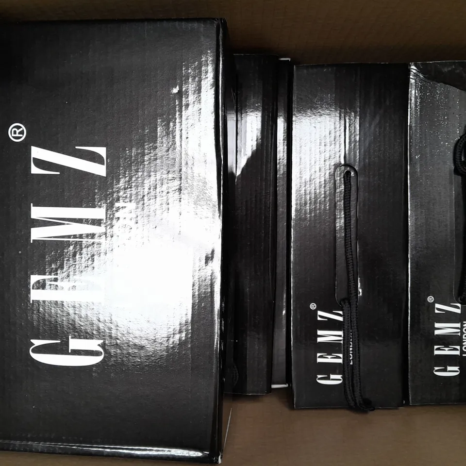 BOX OF APPROXIMATELY 6 ASSORTED PAIRS OF GEMZ LONDON OPEN TOE STRAPPY HIGH HEEL SANDALS IN BLACK/METALLIC SILVER W. JEWEL EFFECT - VARIOUS SIZES