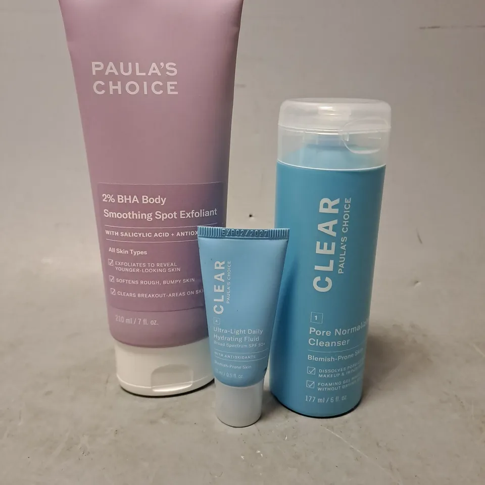 PAULA'S CHOICE LOT OF 3 ASSORTED COSMETIC PRODUCTS TO INCLUDE - PORE NORMALIZING CLEANSER - ULTRA-LIGHT DAILY HYDRATING FLUID - 2% BHA BODY SMOOTHING SPOT EXFOLIANT