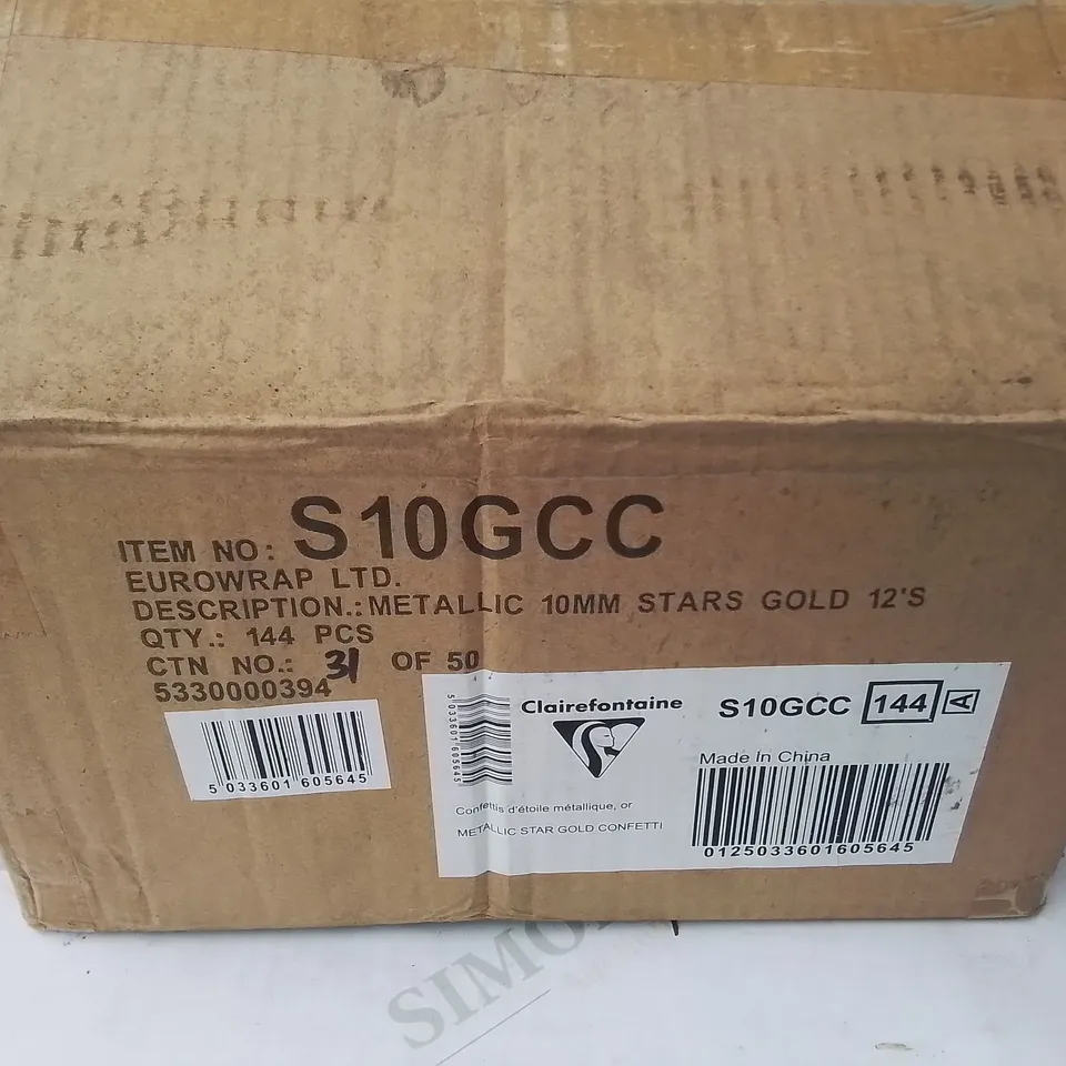 LOT OF 4 BOXES OF BRAND NEW METALLIC 10MM GOLD STAR CONFETTI - 144 PIECE PER BOX / TOTAL 576