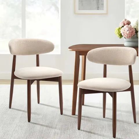 BOXED SET OF 2 SOLID WOOD UPHOLSTERED DINING CHAIR - ERGONOMIC CURVED BACK, COMFORT FABRIC - BEIGE (1 BOX)