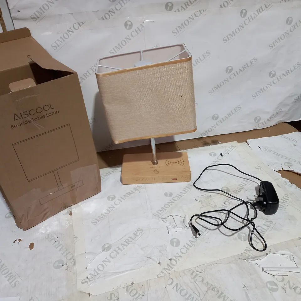 AISCOOL BEDSIDE TABLE LAMP WITH WIRELESS CHARGER AND USB PORT - WOOD & LINEN