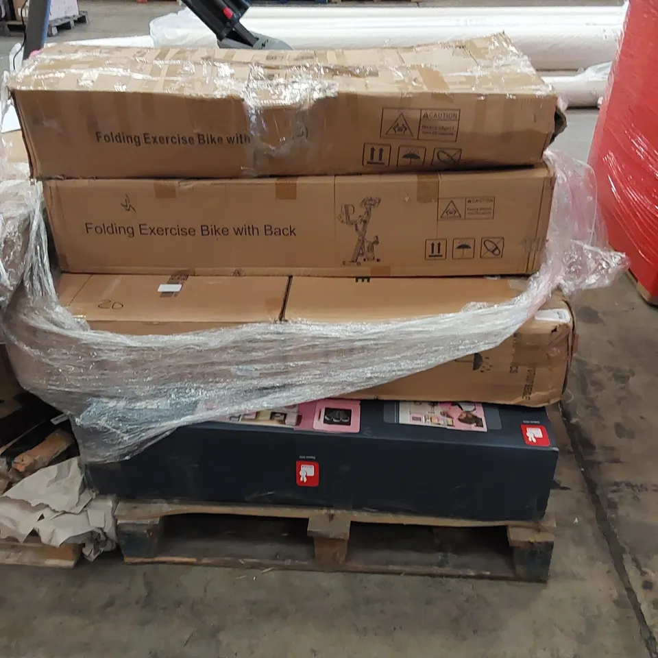 PALLET OF ASSORTED ITEMS INCLUDING,,4.5FT TAMPOLINE WITH NET, VARIOUS EXERCISE BIKES, PLAY KITCHEN 