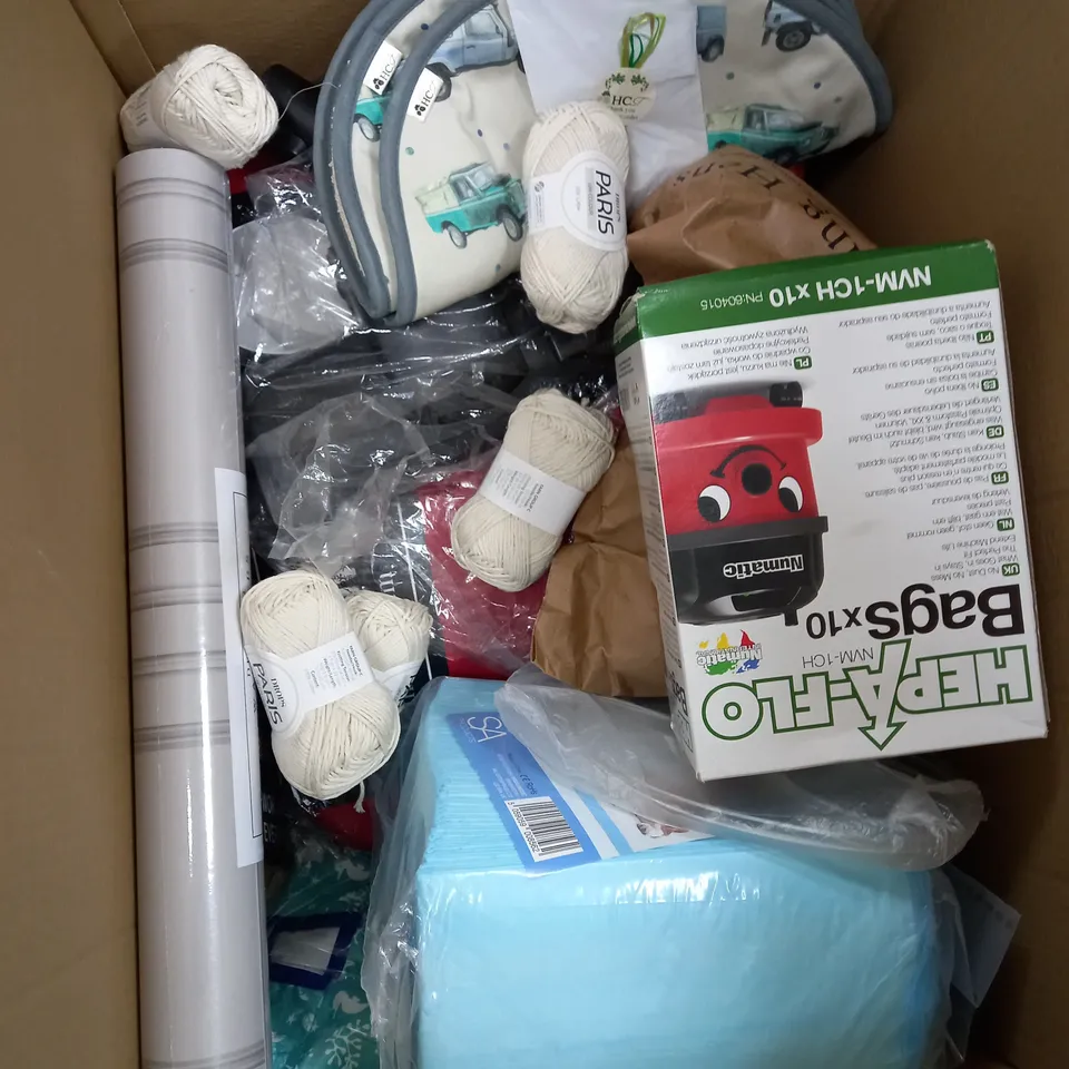 BOX OF APPROXIMATELY 10 ITEMS TO INCLUDE YARN, WALLPAPER, HEAP-FLO BAGS ETC