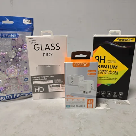 TOTE OF APPROXIMATELY 12 ASSORTED ITEMS TO INCLUDE -E-TECH61 PHONE CASE , GLASS PRO , SPEEDY GAN CHARGER ETC