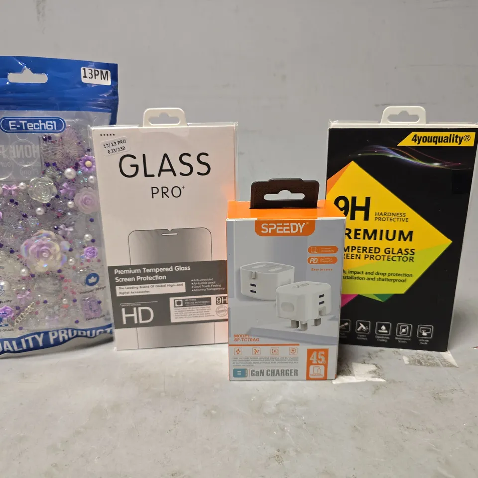 TOTE OF APPROXIMATELY 12 ASSORTED ITEMS TO INCLUDE -E-TECH61 PHONE CASE , GLASS PRO , SPEEDY GAN CHARGER ETC