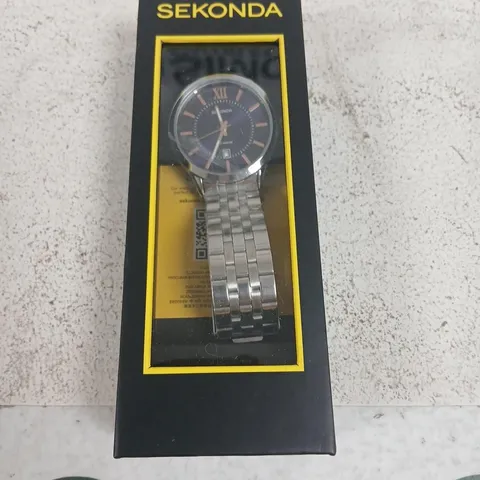 SEKONDA WATCH WITH STAINLESS STEEL BRACELET – BLACK DIAL, BOXED