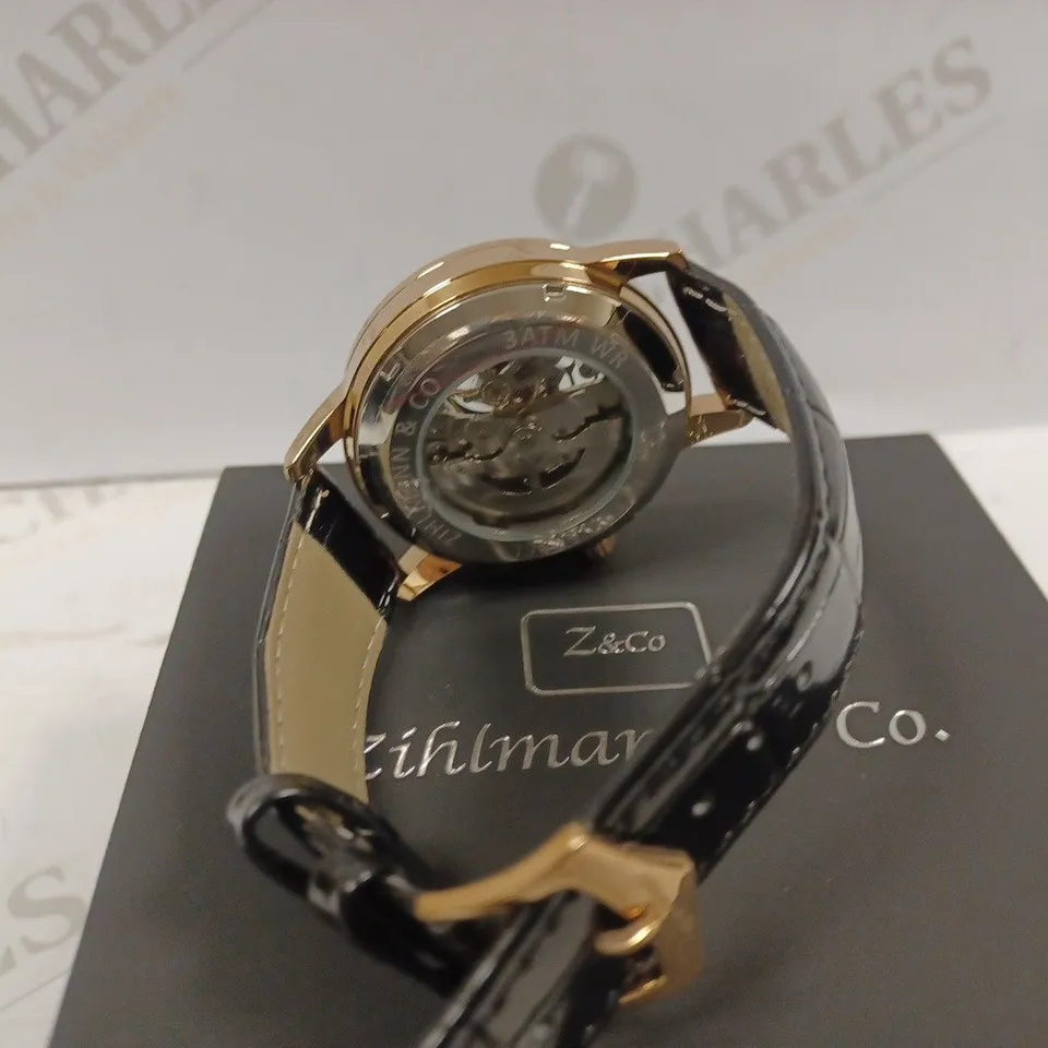 ZIHLMANN & CO GOLD EFFECT SKELETON BLACK LEATHER STRAP WRISTWATCH