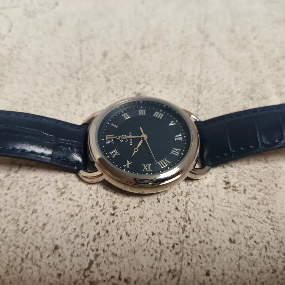 TALIS CO STAINLESS STEEL WATCH WITH BLUE DIAL AND BLUE LEATHER STRAP – BOXED