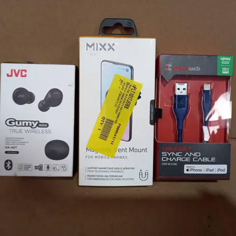 BOX OF APPROXIMATELY 10 ASSORTED ELECTRICAL ITEMS TO INCLUDE JVC GUMY MINI TRUE WIRELESS EARBUDS, MIXX MAGNETIC VENT MOUNT, BLACKWEB SYNC & CHARGE CABLE, ETC
