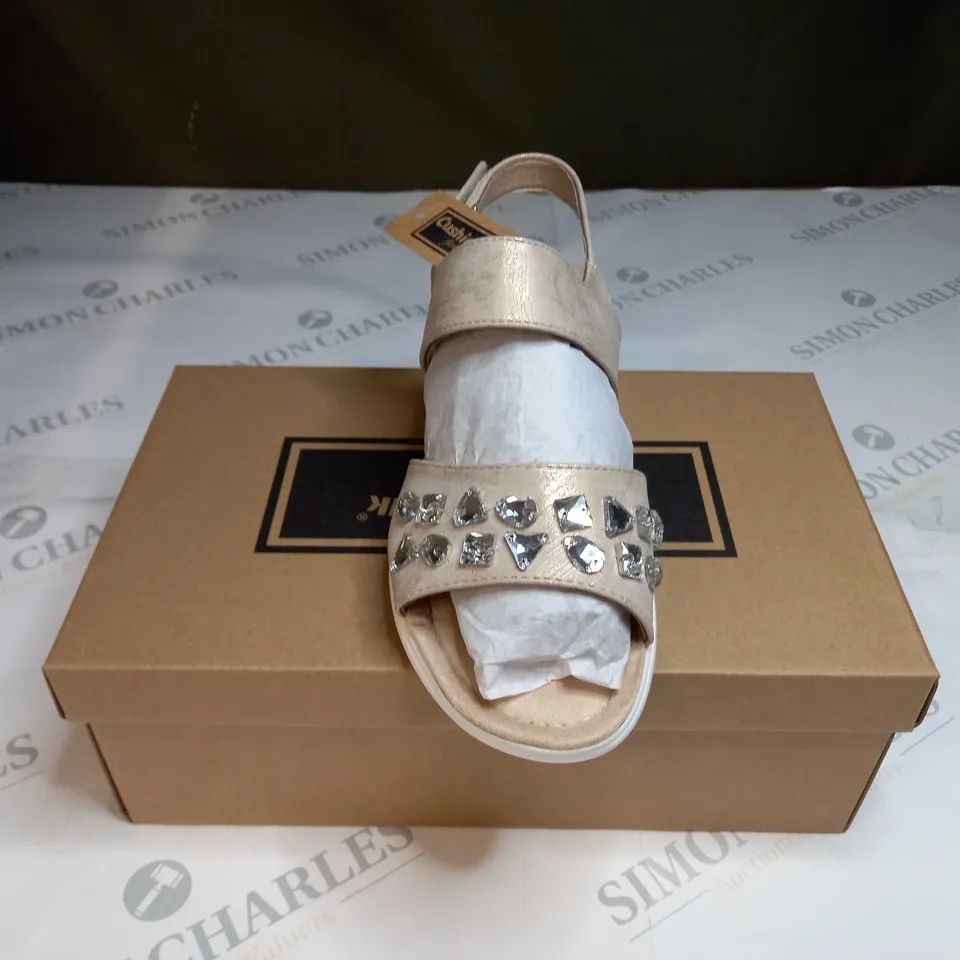 BOXED PAIR OF CUSHION WALK JEWELLED SANDALS IN GOLD - SIZE 5