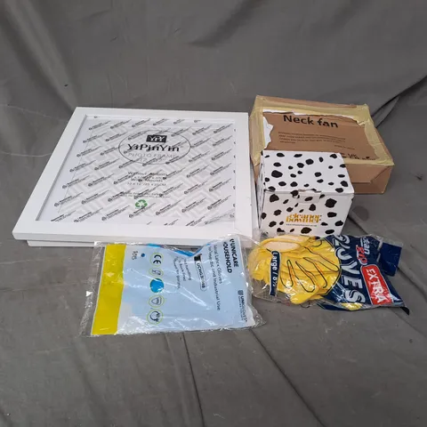 APPROXIMATELY 20 ASSORTED HOUSEHOLD PRODUCTS TO INCLUDE 12"X12" PHOTO FRAME, LATXE GLOVES, NECK FAN, ETC
