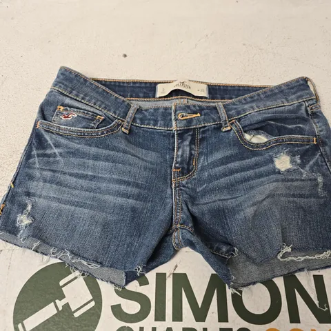 HOLLISTER CALIFORNIA RIPPED DENIM MINI SHORTS, BLUE - SIZE 3 W26