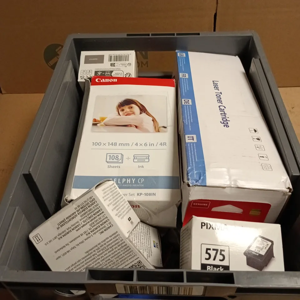 TOTE OF APPROXIMATELY 15 ASSORTED ITEMS TO INCLUDE LASER TONER CARTRIDGE, PIMXA 575 BLACK CARTRIDGE, CANON COLOR INK PAPER SET ETC